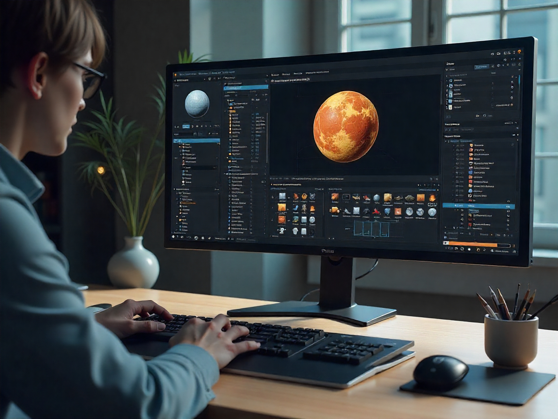 Professional 3D modeling workspace with multiple monitors